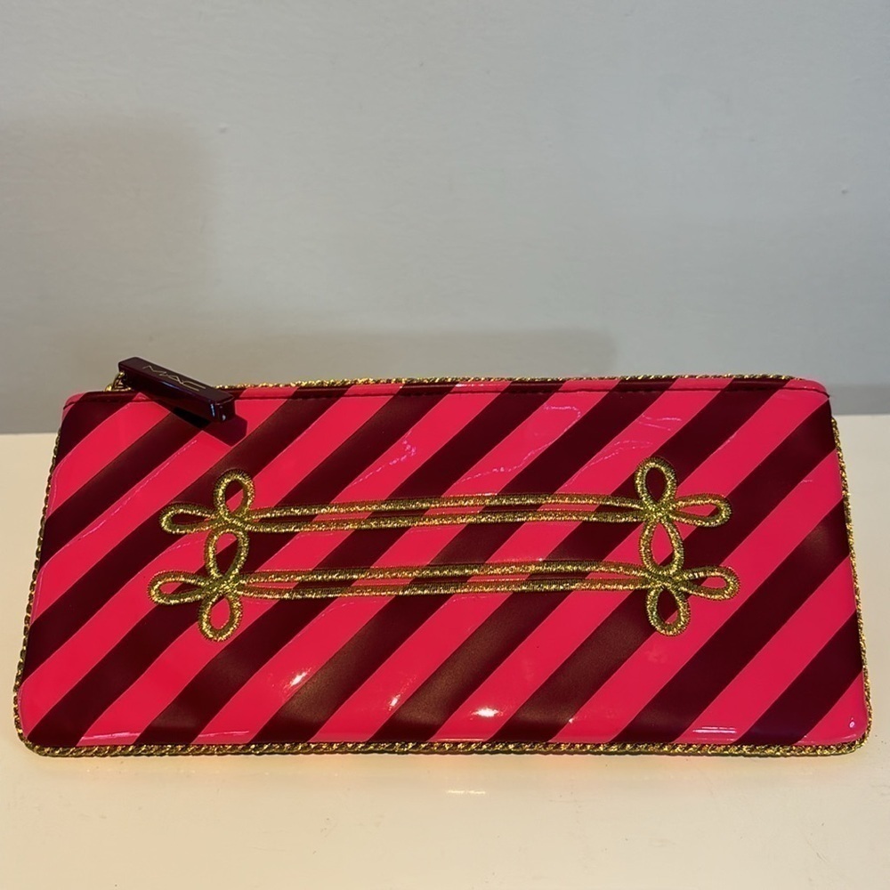 MAC Nutcracker Sweet Makeup Cosmetics Bag, Burgundy Striped Carry Pouch - Picture 2 of 6